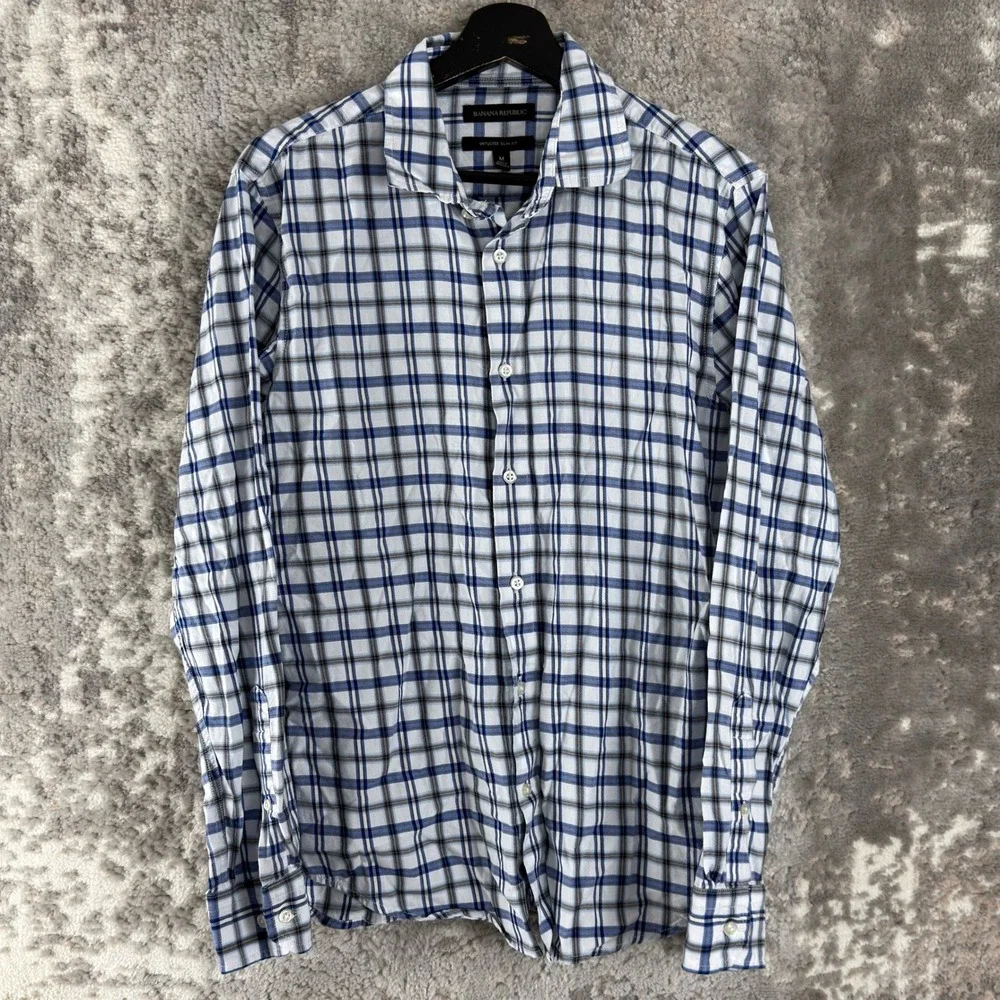 Banana Republic Size M Untucked Slim Fit Plaid Button Down Shirt Blue Mens